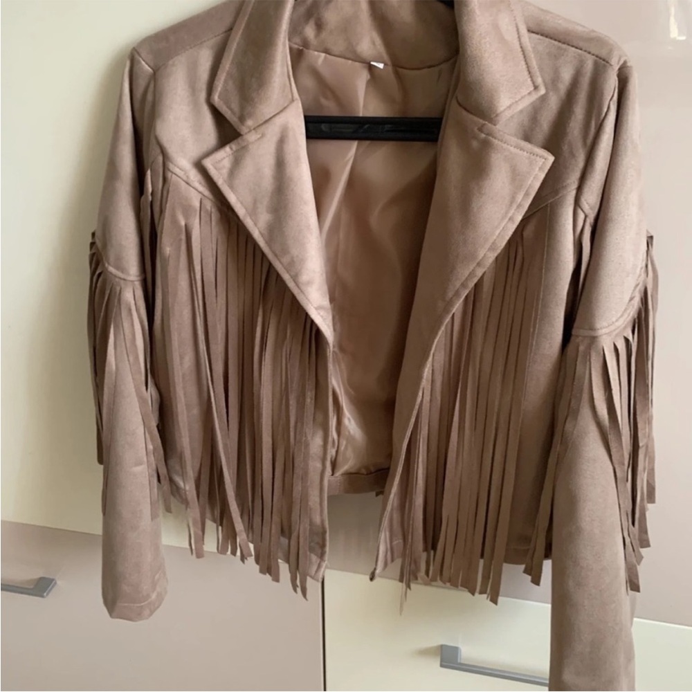 Fringed faux Suede Crop boho festival Jacket women  - Tan - Picture 2 of 4
